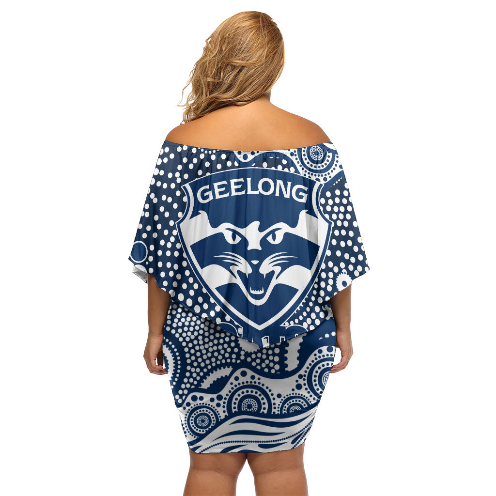 Geelong Cats Family Matching Off Shoulder Short Dress and Hawaiian Shirt Aboriginal Dot Pattern - Football Mascot Heritage Pride