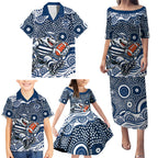 Geelong Cats Family Matching Puletasi and Hawaiian Shirt Aboriginal Dot Pattern - Football Mascot Heritage Pride