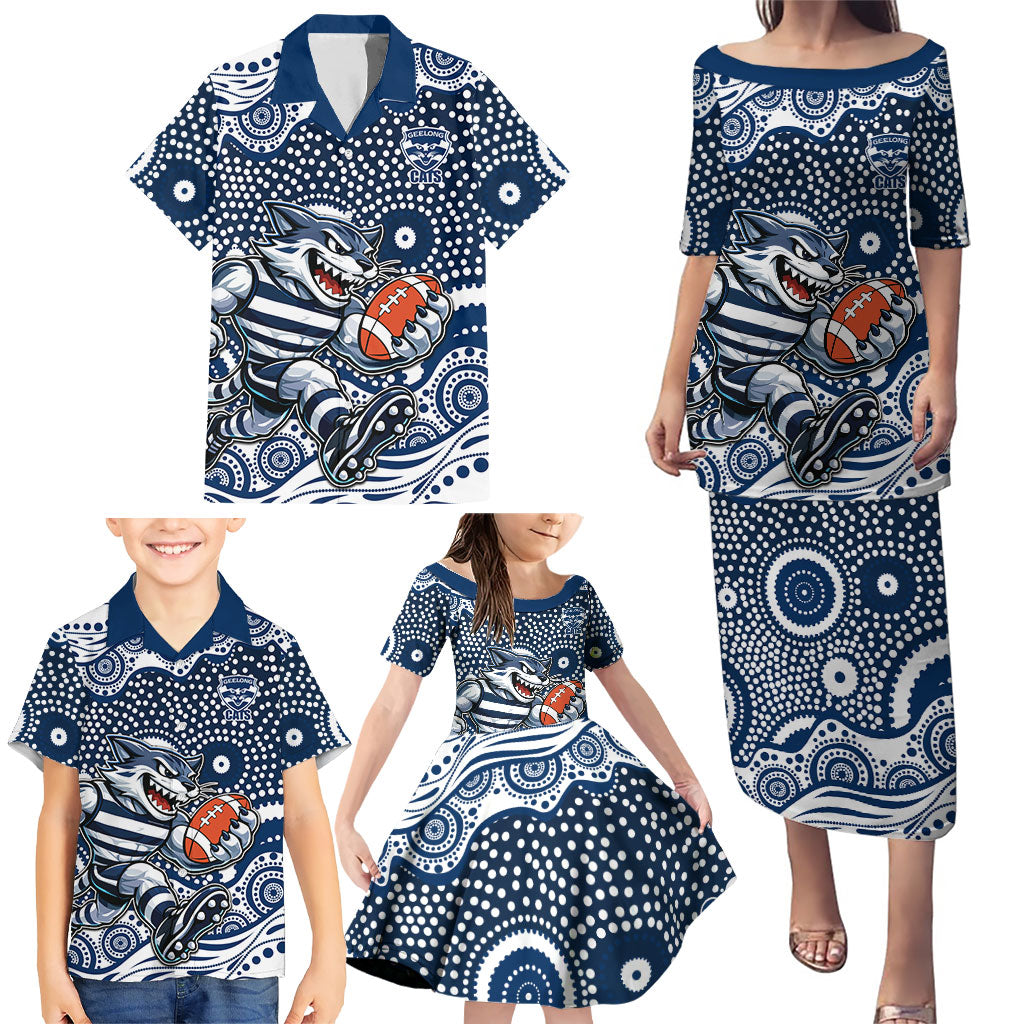 Geelong Cats Family Matching Puletasi and Hawaiian Shirt Aboriginal Dot Pattern - Football Mascot Heritage Pride