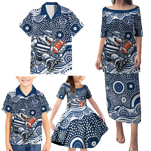 Geelong Cats Family Matching Puletasi and Hawaiian Shirt Aboriginal Dot Pattern - Football Mascot Heritage Pride
