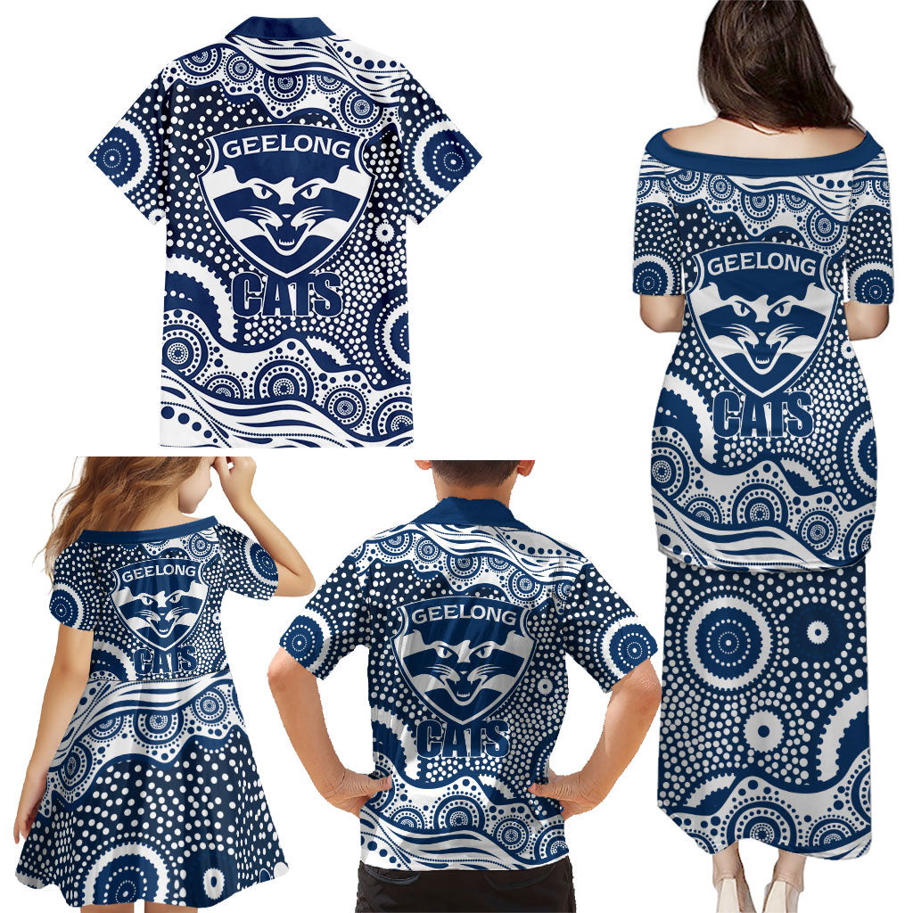 Geelong Cats Family Matching Puletasi and Hawaiian Shirt Aboriginal Dot Pattern - Football Mascot Heritage Pride