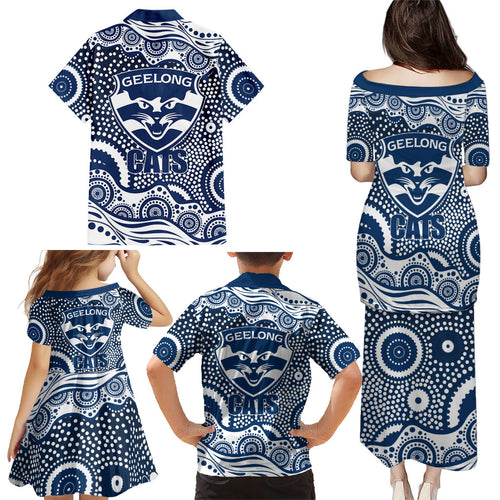 Geelong Cats Family Matching Puletasi and Hawaiian Shirt Aboriginal Dot Pattern - Football Mascot Heritage Pride