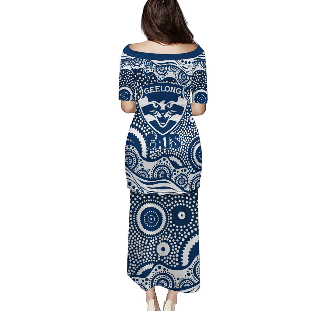 Geelong Cats Family Matching Puletasi and Hawaiian Shirt Aboriginal Dot Pattern - Football Mascot Heritage Pride