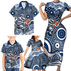 Geelong Cats Family Matching Short Sleeve Bodycon Dress and Hawaiian Shirt Aboriginal Dot Pattern - Football Mascot Heritage Pride