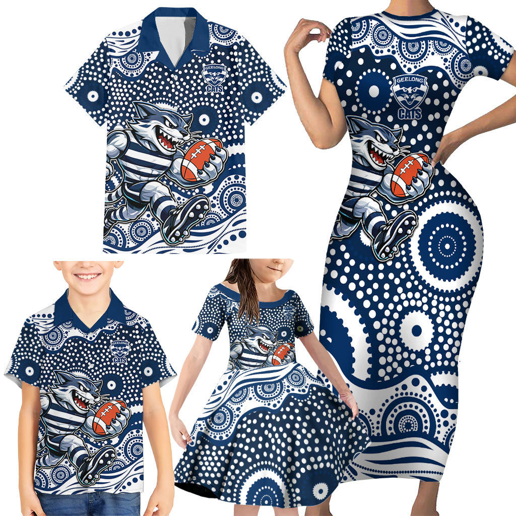 Geelong Cats Family Matching Short Sleeve Bodycon Dress and Hawaiian Shirt Aboriginal Dot Pattern - Football Mascot Heritage Pride