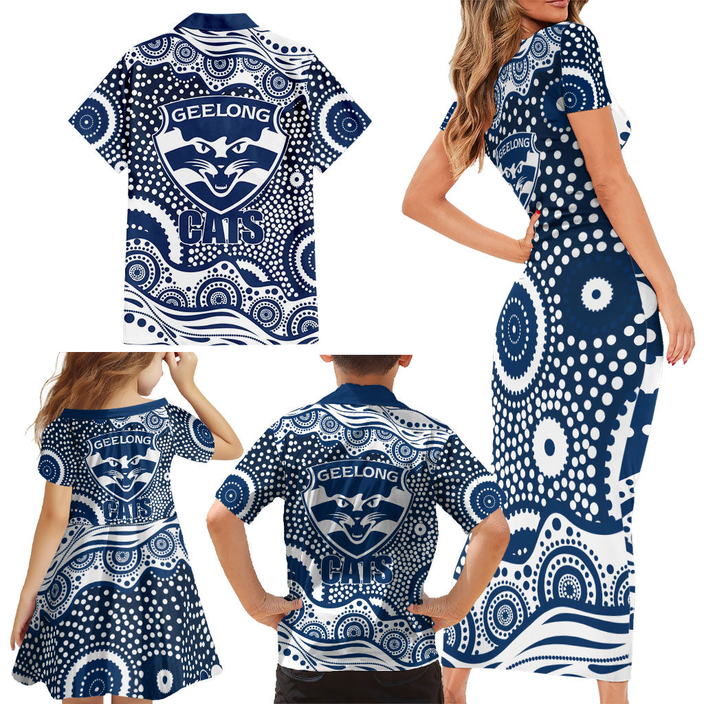Geelong Cats Family Matching Short Sleeve Bodycon Dress and Hawaiian Shirt Aboriginal Dot Pattern - Football Mascot Heritage Pride