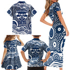 Geelong Cats Family Matching Short Sleeve Bodycon Dress and Hawaiian Shirt Aboriginal Dot Pattern - Football Mascot Heritage Pride