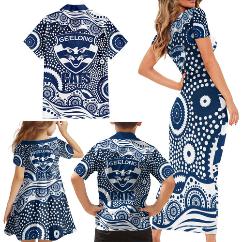 Geelong Cats Family Matching Short Sleeve Bodycon Dress and Hawaiian Shirt Aboriginal Dot Pattern - Football Mascot Heritage Pride
