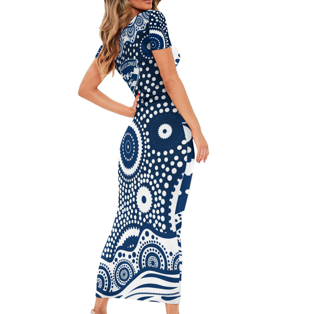Geelong Cats Family Matching Short Sleeve Bodycon Dress and Hawaiian Shirt Aboriginal Dot Pattern - Football Mascot Heritage Pride