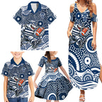 Geelong Cats Family Matching Summer Maxi Dress and Hawaiian Shirt Aboriginal Dot Pattern - Football Mascot Heritage Pride
