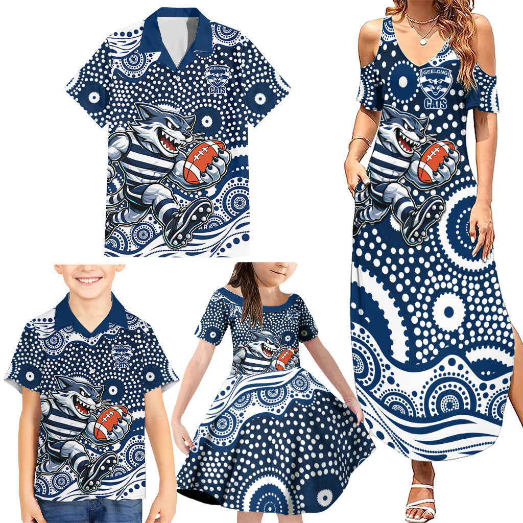 Geelong Cats Family Matching Summer Maxi Dress and Hawaiian Shirt Aboriginal Dot Pattern - Football Mascot Heritage Pride