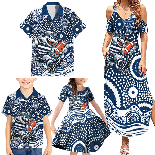 Geelong Cats Family Matching Summer Maxi Dress and Hawaiian Shirt Aboriginal Dot Pattern - Football Mascot Heritage Pride