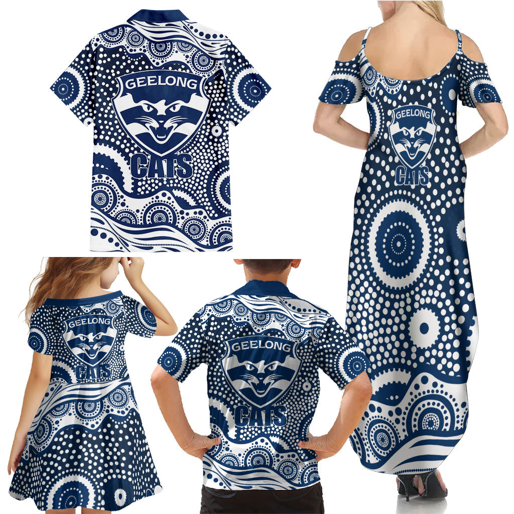 Geelong Cats Family Matching Summer Maxi Dress and Hawaiian Shirt Aboriginal Dot Pattern - Football Mascot Heritage Pride