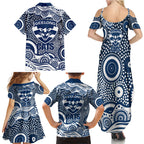 Geelong Cats Family Matching Summer Maxi Dress and Hawaiian Shirt Aboriginal Dot Pattern - Football Mascot Heritage Pride