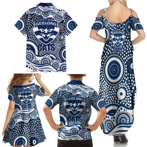 Geelong Cats Family Matching Summer Maxi Dress and Hawaiian Shirt Aboriginal Dot Pattern - Football Mascot Heritage Pride