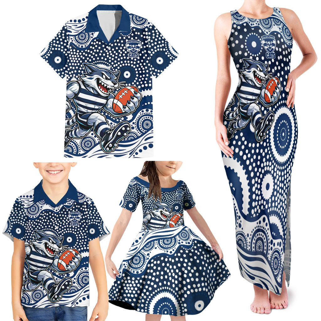 Geelong Cats Family Matching Tank Maxi Dress and Hawaiian Shirt Aboriginal Dot Pattern - Football Mascot Heritage Pride