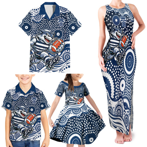 Geelong Cats Family Matching Tank Maxi Dress and Hawaiian Shirt Aboriginal Dot Pattern - Football Mascot Heritage Pride