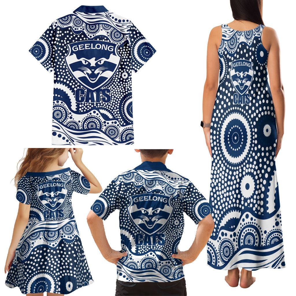 Geelong Cats Family Matching Tank Maxi Dress and Hawaiian Shirt Aboriginal Dot Pattern - Football Mascot Heritage Pride