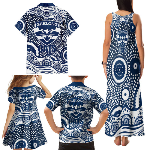 Geelong Cats Family Matching Tank Maxi Dress and Hawaiian Shirt Aboriginal Dot Pattern - Football Mascot Heritage Pride