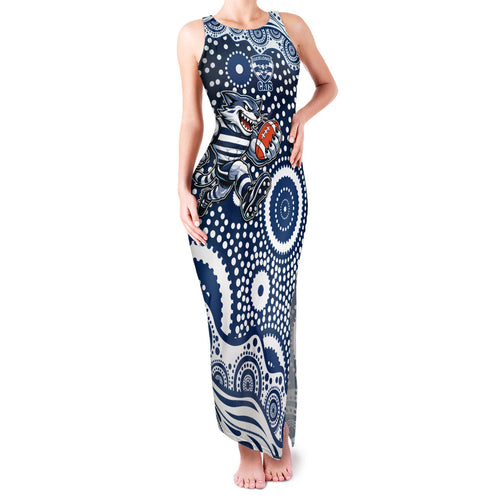 Geelong Cats Family Matching Tank Maxi Dress and Hawaiian Shirt Aboriginal Dot Pattern - Football Mascot Heritage Pride