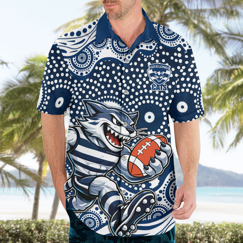 Geelong Cats Hawaiian Shirt Aboriginal Dot Pattern - Football Mascot Heritage Pride