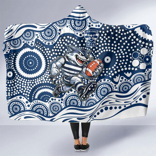 Geelong Cats Hooded Blanket Aboriginal Dot Pattern - Football Mascot Heritage Pride