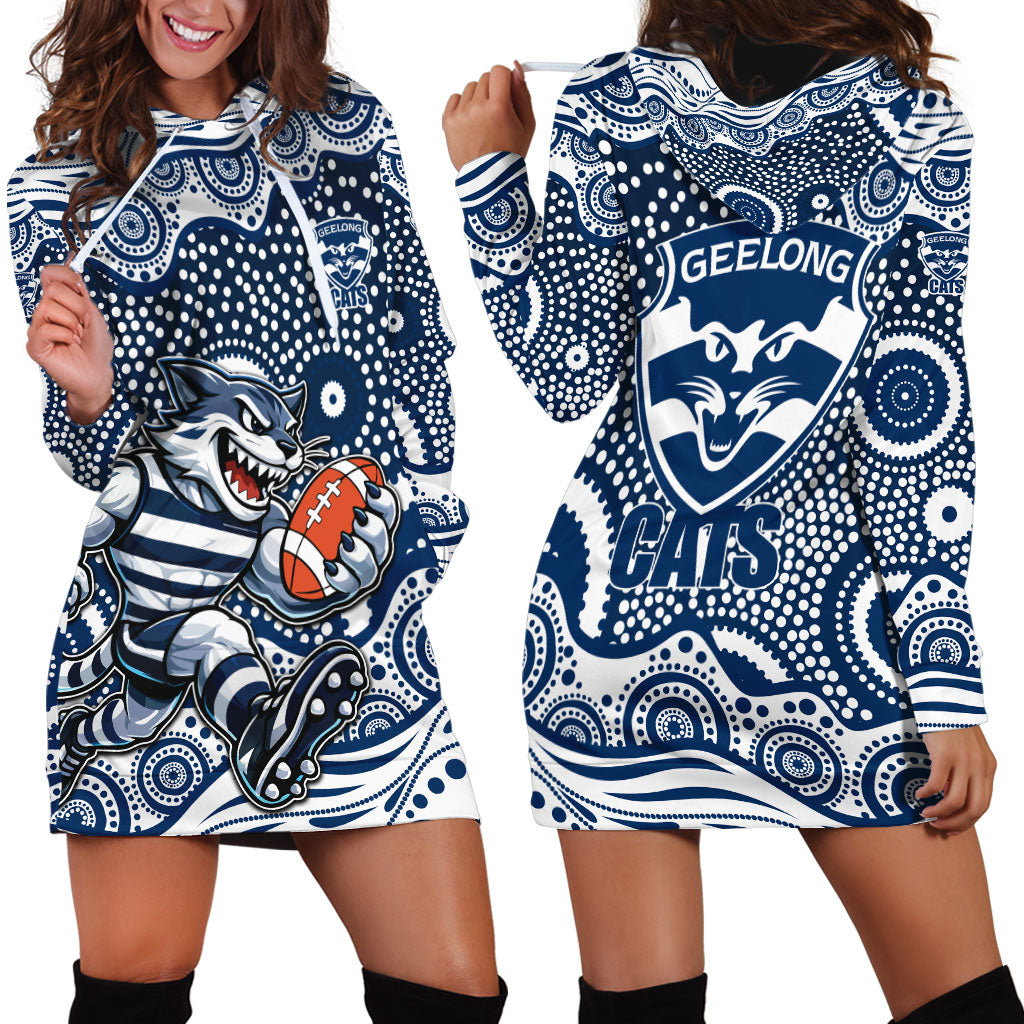 Geelong Cats Hoodie Dress Aboriginal Dot Pattern - Football Mascot Heritage Pride