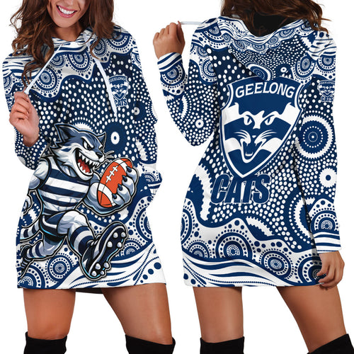 Geelong Cats Hoodie Dress Aboriginal Dot Pattern - Football Mascot Heritage Pride