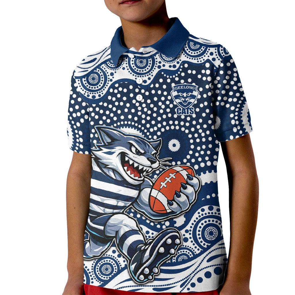 Geelong Cats Kid Polo Shirt Aboriginal Dot Pattern - Football Mascot Heritage Pride