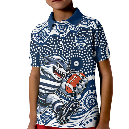 Geelong Cats Kid Polo Shirt Aboriginal Dot Pattern - Football Mascot Heritage Pride