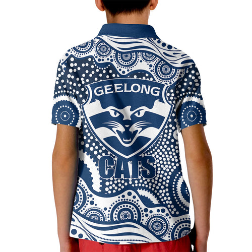 Geelong Cats Kid Polo Shirt Aboriginal Dot Pattern - Football Mascot Heritage Pride