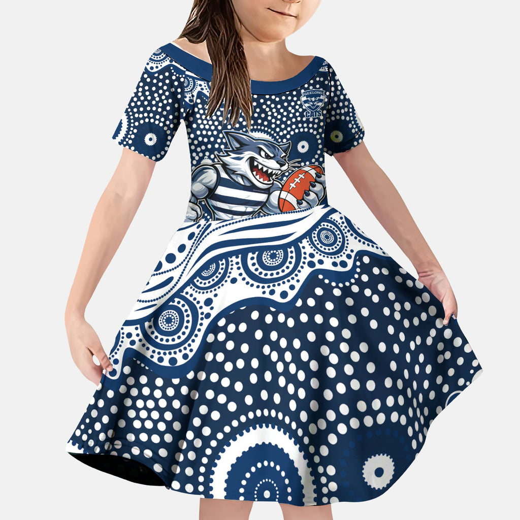 Geelong Cats Kid Short Sleeve Dress Aboriginal Dot Pattern - Football Mascot Heritage Pride