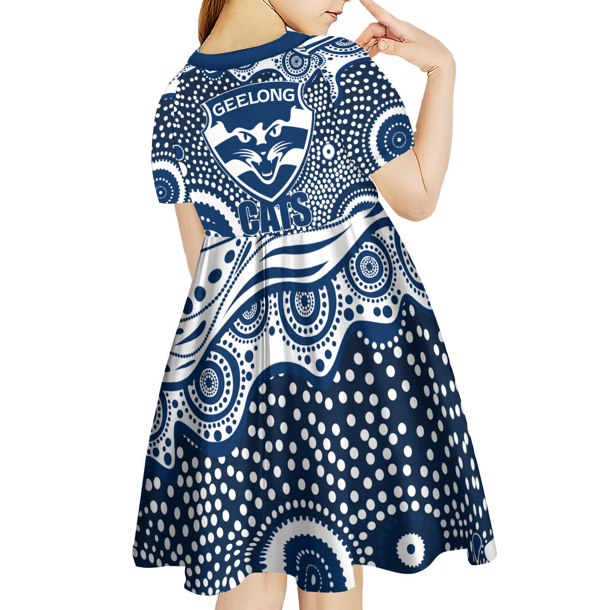 Geelong Cats Kid Short Sleeve Dress Aboriginal Dot Pattern - Football Mascot Heritage Pride