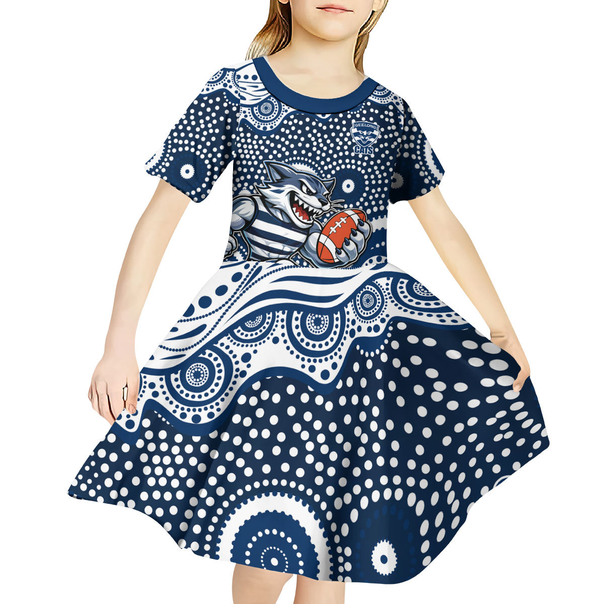 Geelong Cats Kid Short Sleeve Dress Aboriginal Dot Pattern - Football Mascot Heritage Pride
