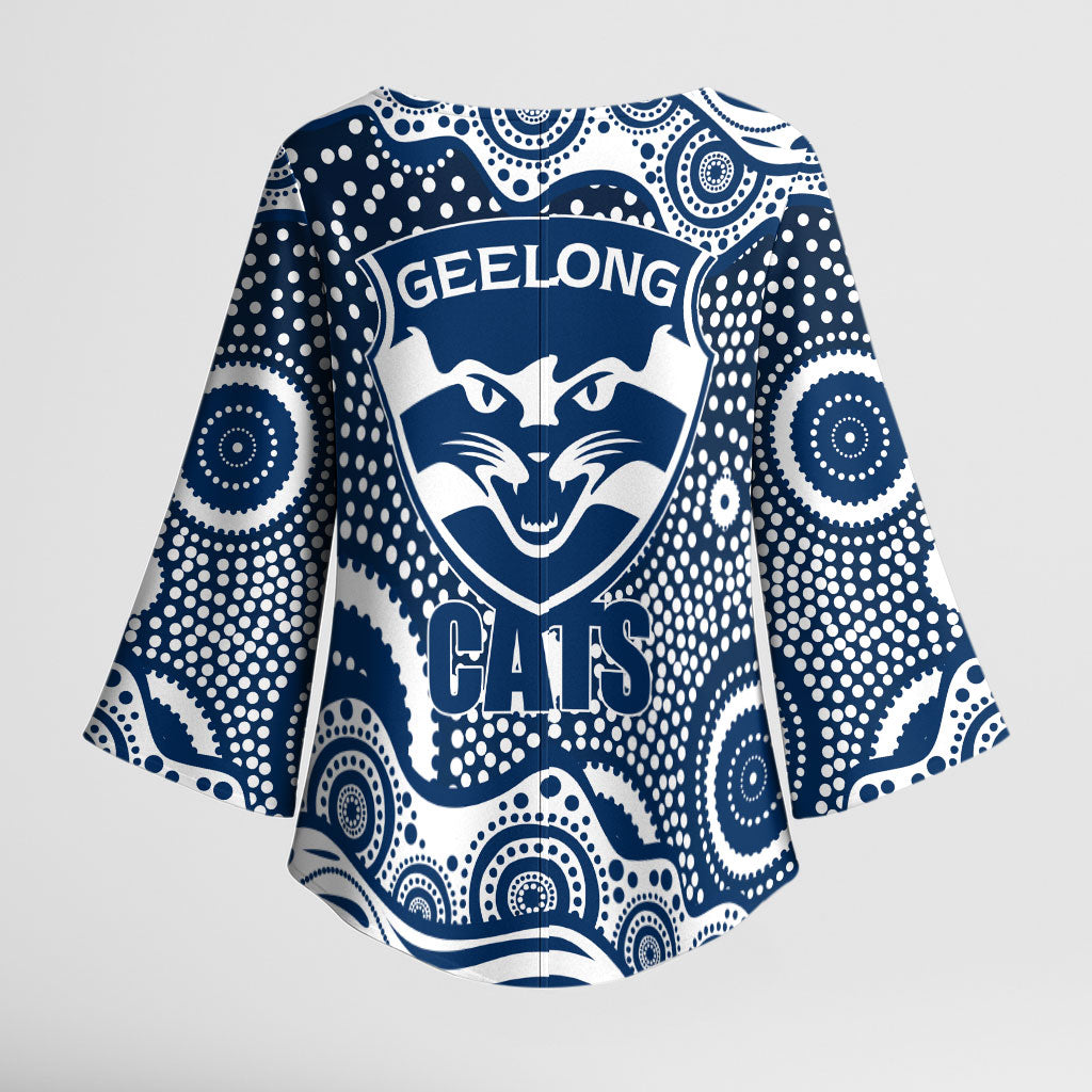 Geelong Cats Kimono Sleeve Blouse Aboriginal Dot Pattern - Football Mascot Heritage Pride