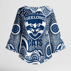 Geelong Cats Kimono Sleeve Blouse Aboriginal Dot Pattern - Football Mascot Heritage Pride