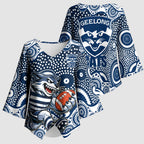 Geelong Cats Kimono Sleeve Blouse Aboriginal Dot Pattern - Football Mascot Heritage Pride