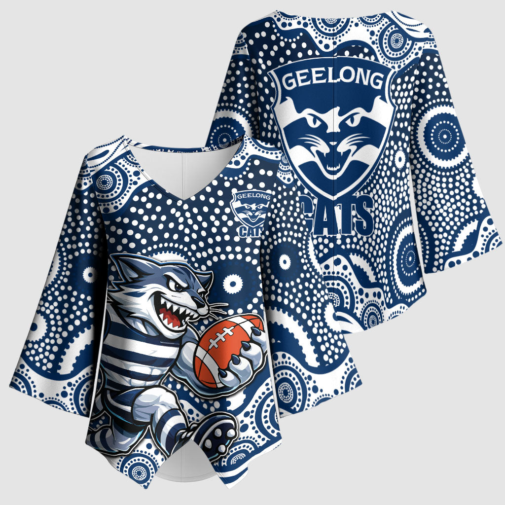 Geelong Cats Kimono Sleeve Blouse Aboriginal Dot Pattern - Football Mascot Heritage Pride