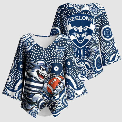 Geelong Cats Kimono Sleeve Blouse Aboriginal Dot Pattern - Football Mascot Heritage Pride