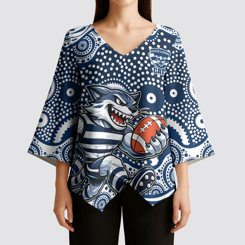 Geelong Cats Kimono Sleeve Blouse Aboriginal Dot Pattern - Football Mascot Heritage Pride