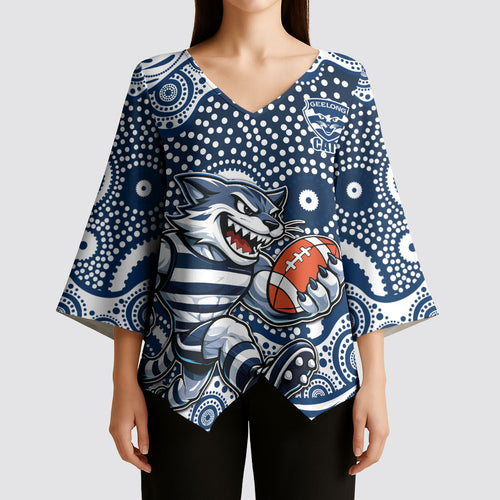 Geelong Cats Kimono Sleeve Blouse Aboriginal Dot Pattern - Football Mascot Heritage Pride