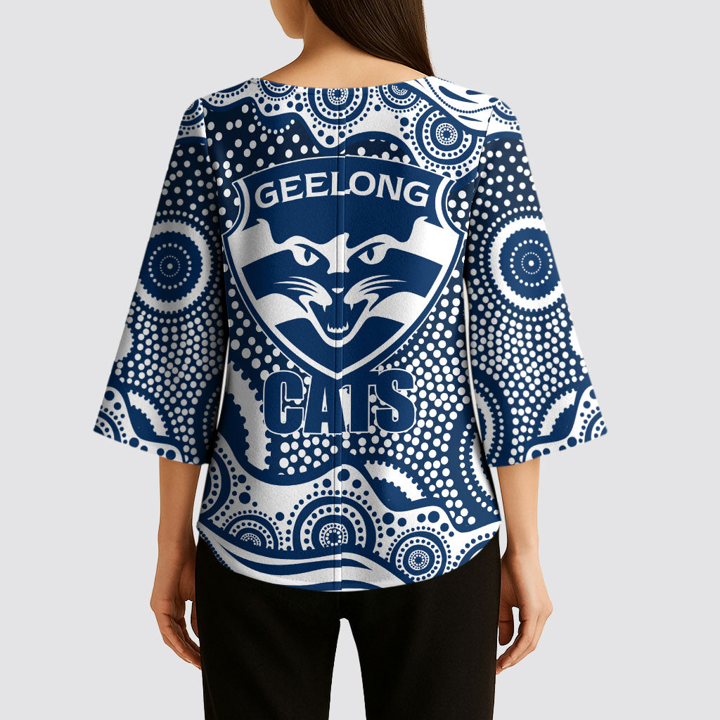 Geelong Cats Kimono Sleeve Blouse Aboriginal Dot Pattern - Football Mascot Heritage Pride