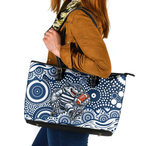 Geelong Cats Leather Tote Bag Aboriginal Dot Pattern - Football Mascot Heritage Pride