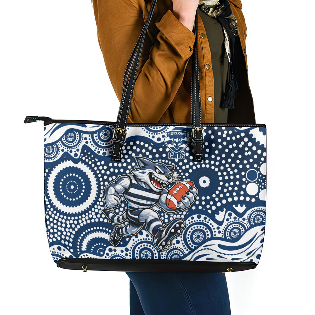 Geelong Cats Leather Tote Bag Aboriginal Dot Pattern - Football Mascot Heritage Pride