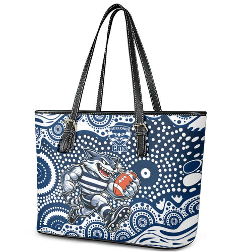 Geelong Cats Leather Tote Bag Aboriginal Dot Pattern - Football Mascot Heritage Pride