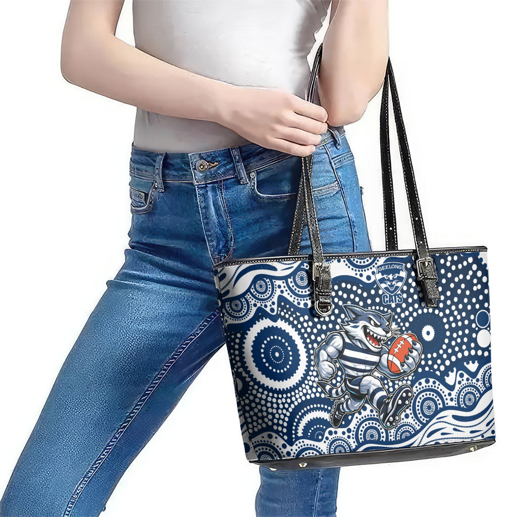 Geelong Cats Leather Tote Bag Aboriginal Dot Pattern - Football Mascot Heritage Pride