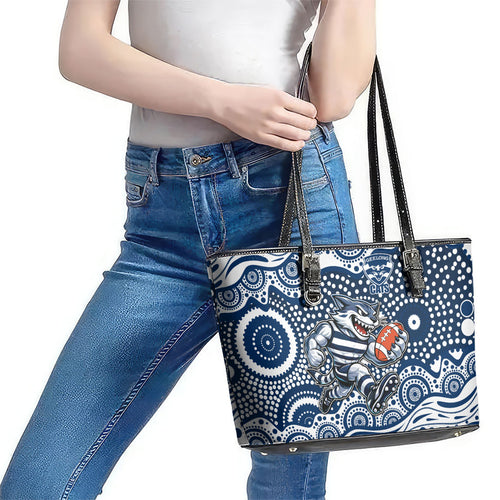 Geelong Cats Leather Tote Bag Aboriginal Dot Pattern - Football Mascot Heritage Pride