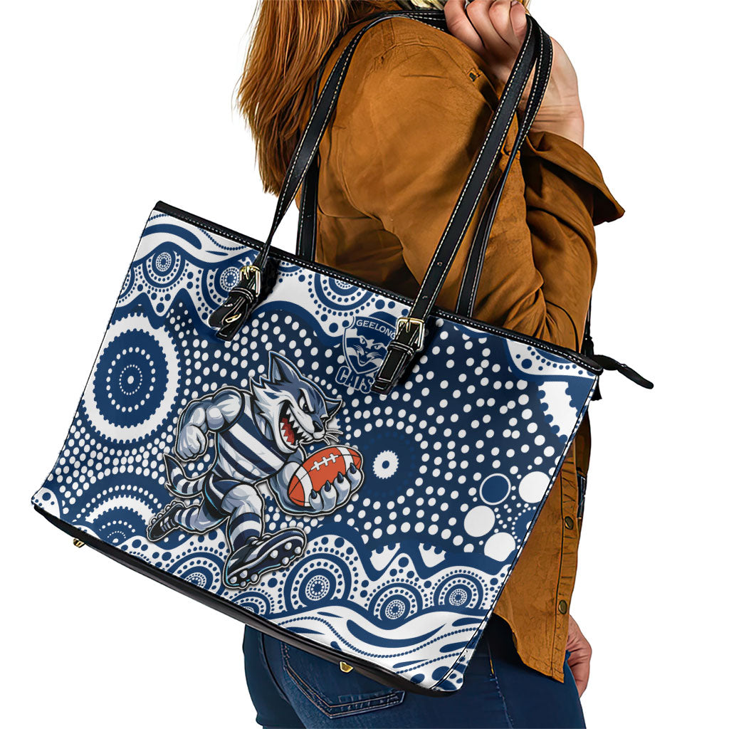 Geelong Cats Leather Tote Bag Aboriginal Dot Pattern - Football Mascot Heritage Pride