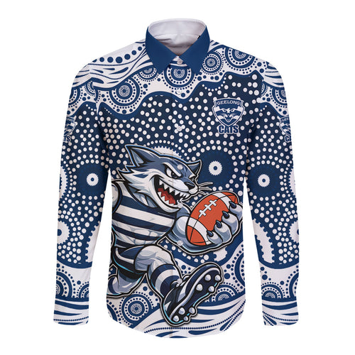 Geelong Cats Long Sleeve Button Shirt Aboriginal Dot Pattern - Football Mascot Heritage Pride