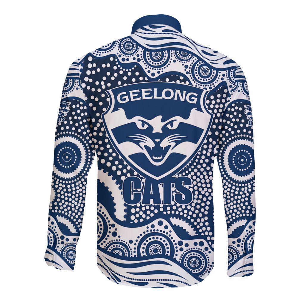 Geelong Cats Long Sleeve Button Shirt Aboriginal Dot Pattern - Football Mascot Heritage Pride